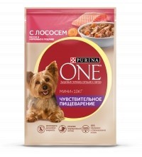 Влажный корм, Purina One (Пурина Ван) 85 г Мини для собак чувствительное пищеварение с лососем рисом и морковью в подливе