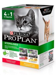 Влажный корм, Proplan (Проплан) 85 г №4+1 для стерилизованных кошек утка в соусе + курица в соусе паучи в коробке